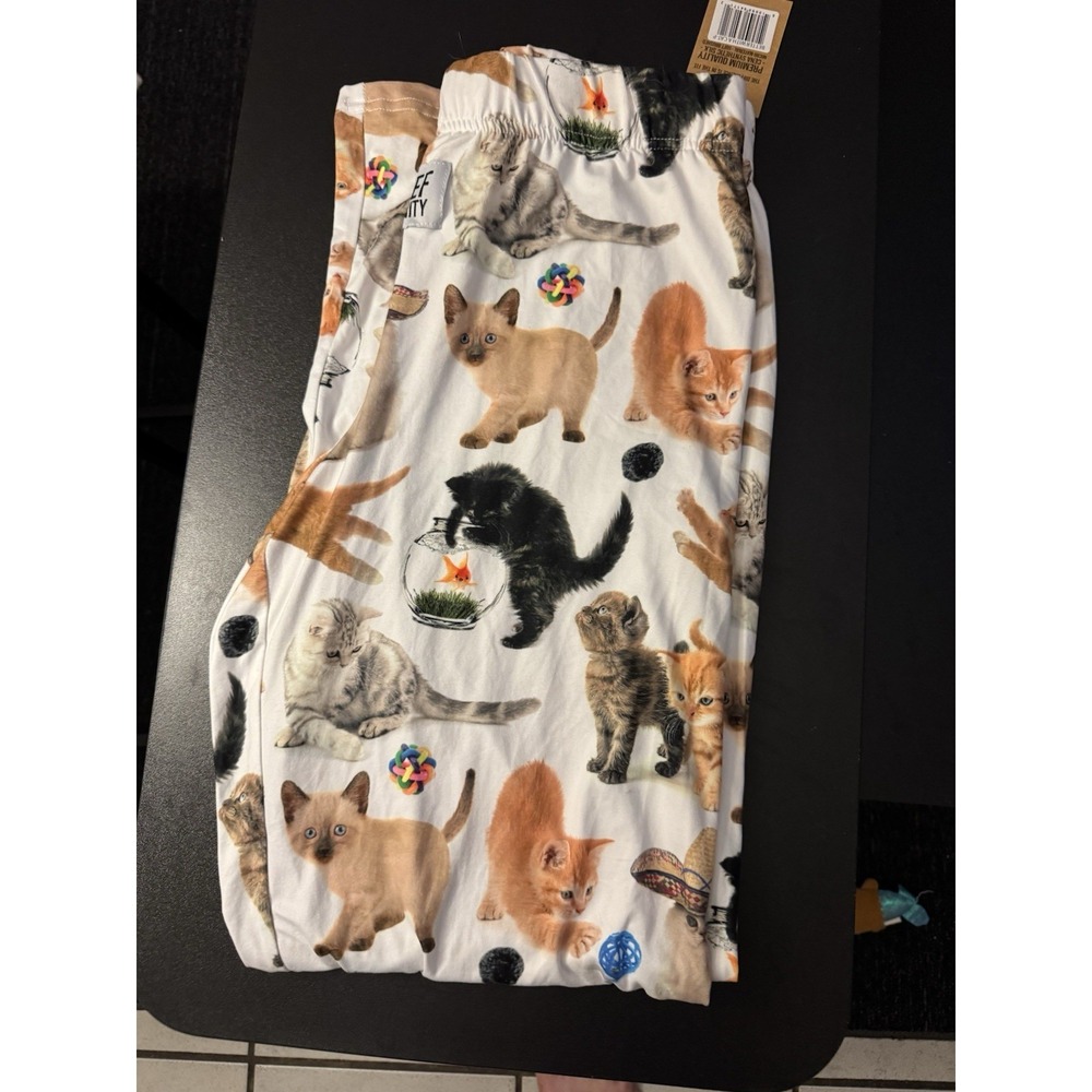 Brief Insanity Men's Cat Print Lounge Pants L Synthetic Silk Elastic Waist